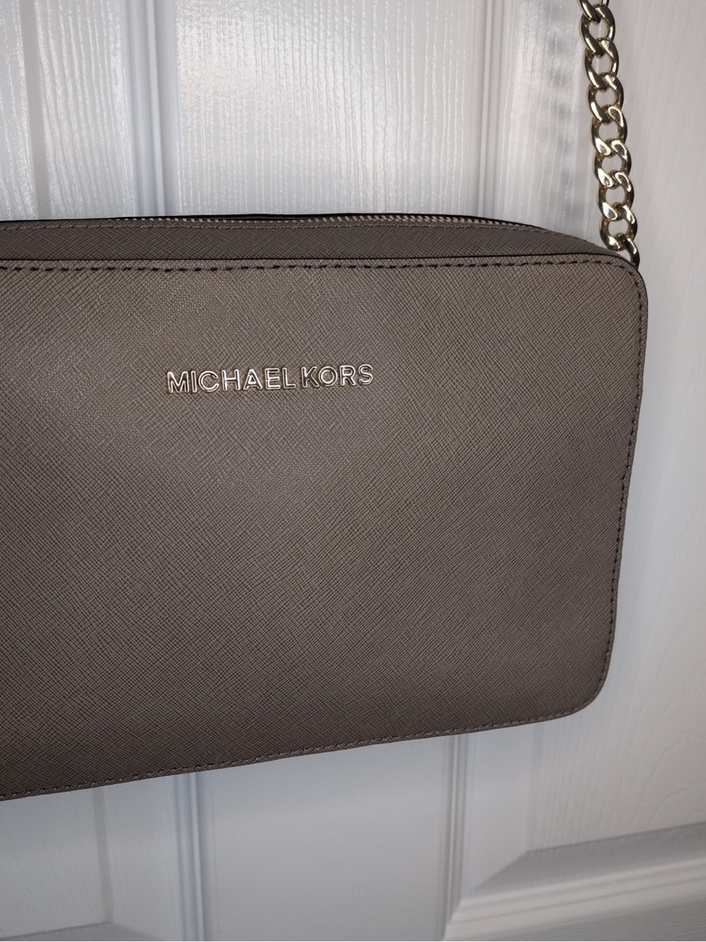 Michael Kors Taupe Saffiano Crossbody with Gold Chain Accent